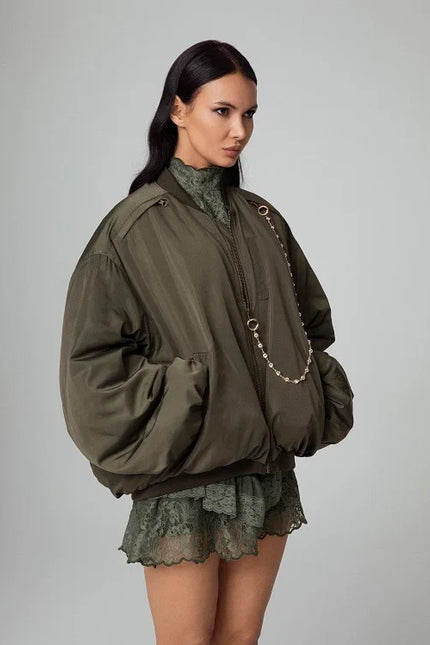 OVERSIZED BOMBER JACKET WITH POCKETS AND JEWEL CHAIN