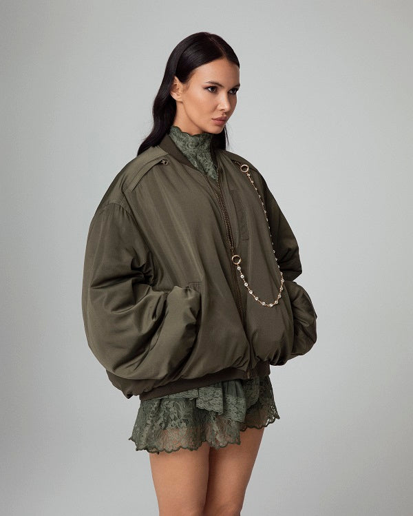 BOMBER JACKET OVERSIZE CON TASCHE E CATENA GIOIELLO