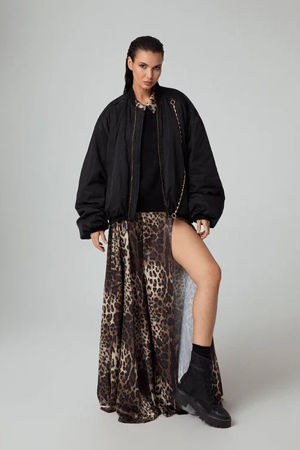 OVERSIZED BOMBER JACKET WITH POCKETS AND JEWEL CHAIN