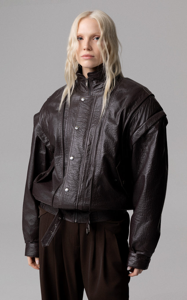 OVERSIZE GENUINE LEATHER BOMBER JACKET WITH REMOVABLE SLEEVES