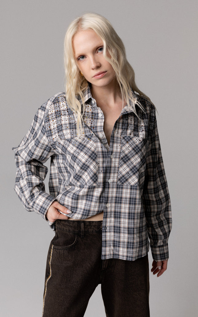 CAMICIA OVERSIZE 100% COTONE TARTAN CON STRASS