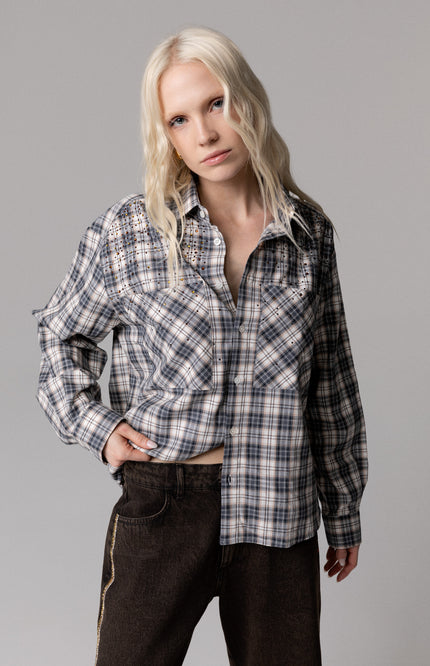 CAMICIA OVERSIZE 100% COTONE TARTAN CON STRASS