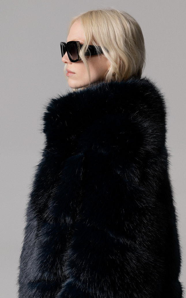 CAPPOTTO ECOPELLICCIA OVERSIZE NERO/BLU CON TASCHE