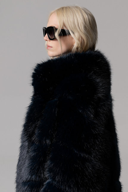 CAPPOTTO ECOPELLICCIA OVERSIZE NERO/BLU CON TASCHE