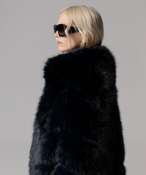 CAPPOTTO ECOPELLICCIA OVERSIZE NERO/BLU CON TASCHE