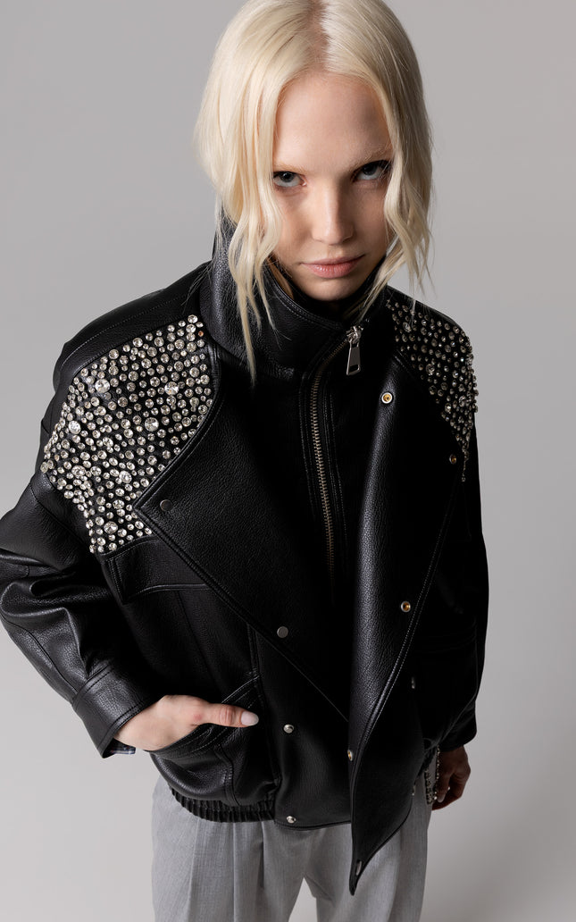 FAUX LEATHER JACKET WITH HAND-EMBROIDERED STONES