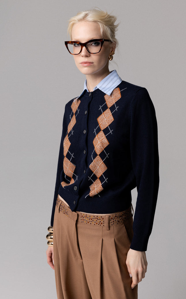 CARDIGAN COLLETTO A CAMICIA CON ROMBI E STRASS
