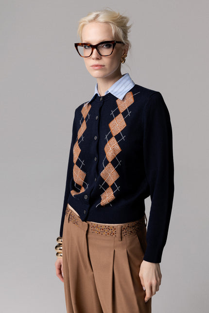 CARDIGAN COLLETTO A CAMICIA CON ROMBI E STRASS