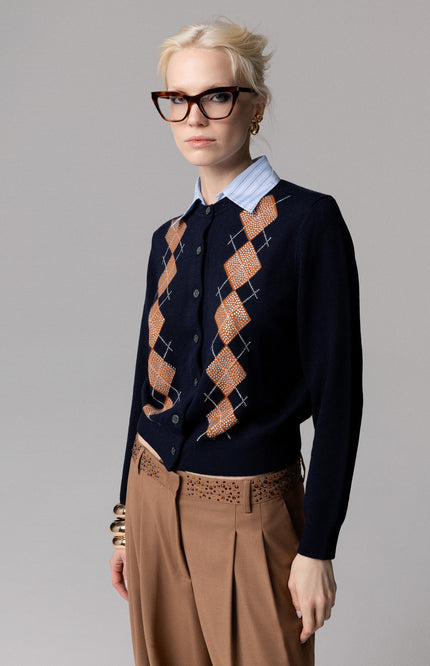 CARDIGAN COLLETTO A CAMICIA CON ROMBI E STRASS