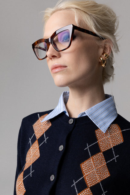 CARDIGAN COLLETTO A CAMICIA CON ROMBI E STRASS