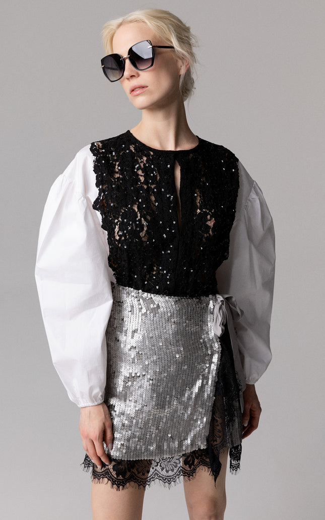 CAMICIA IN POPELINE CON PIZZO E PAILLETTES
