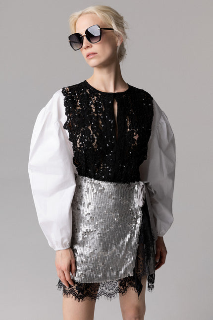 CAMICIA IN POPELINE CON PIZZO E PAILLETTES