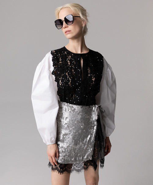 CAMICIA IN POPELINE CON PIZZO E PAILLETTES