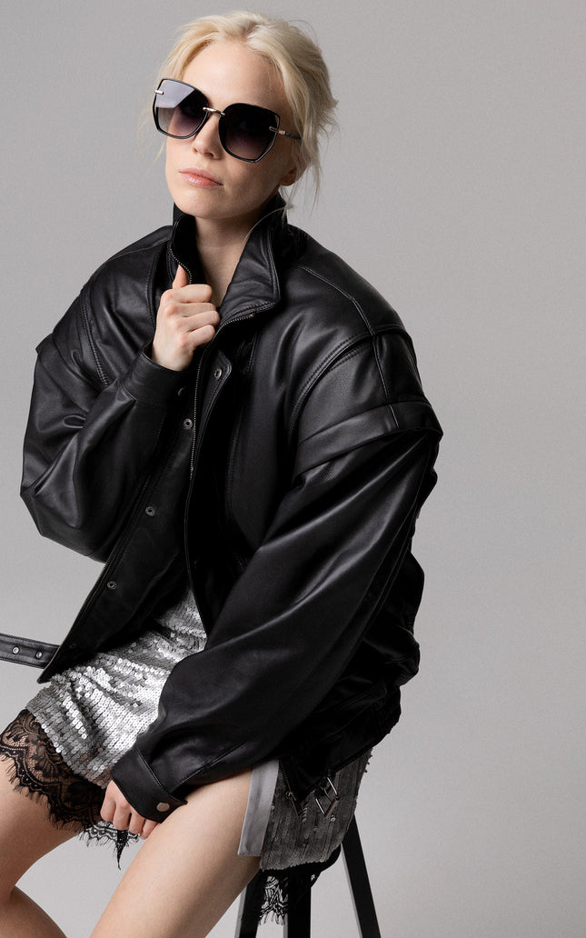OVERSIZED GENUINE LEATHER BOMBER JACKET WITH REMOVABLE SLEEVES