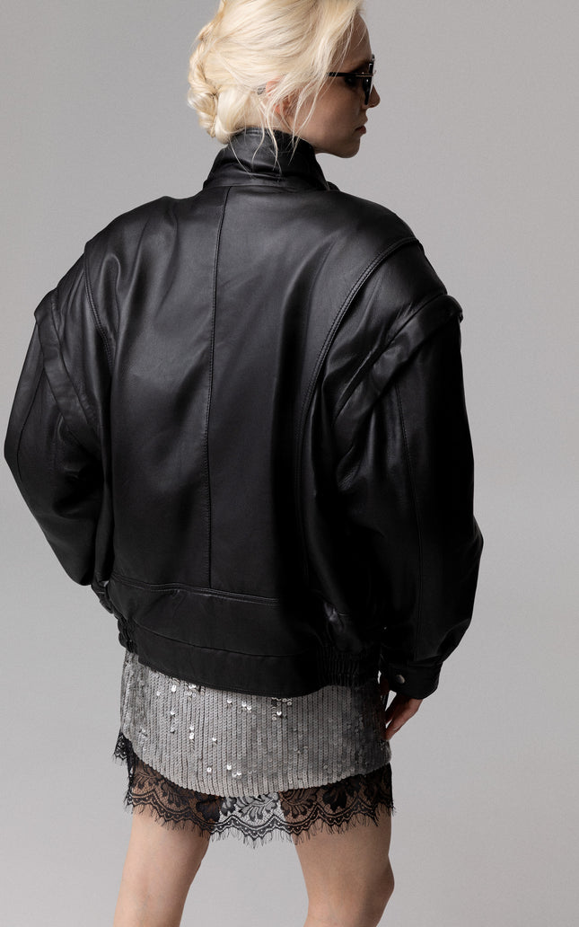 OVERSIZED GENUINE LEATHER BOMBER JACKET WITH REMOVABLE SLEEVES