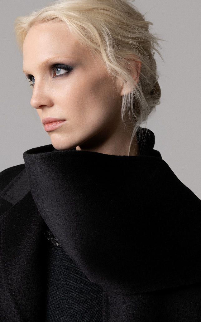 CAPPOTTO OVERSIZE 100% LANA NERO CON SCIARPA