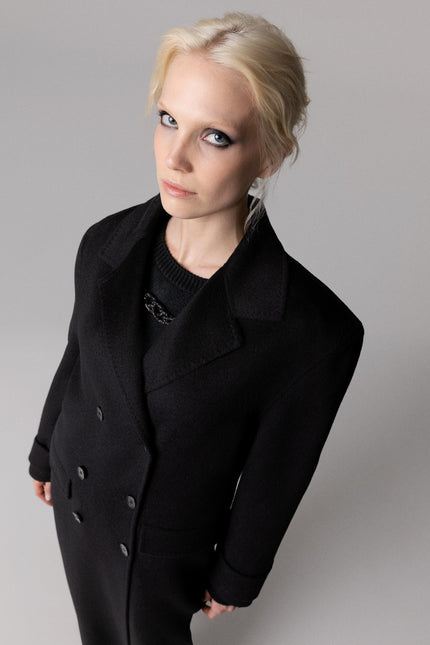 CAPPOTTO OVERSIZE 100% LANA NERO CON SCIARPA