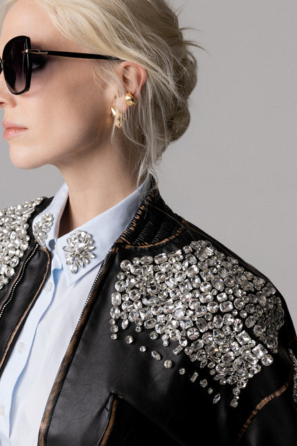 BOMBER  ECO‐PELLE STRASS RICAMATI A MANO