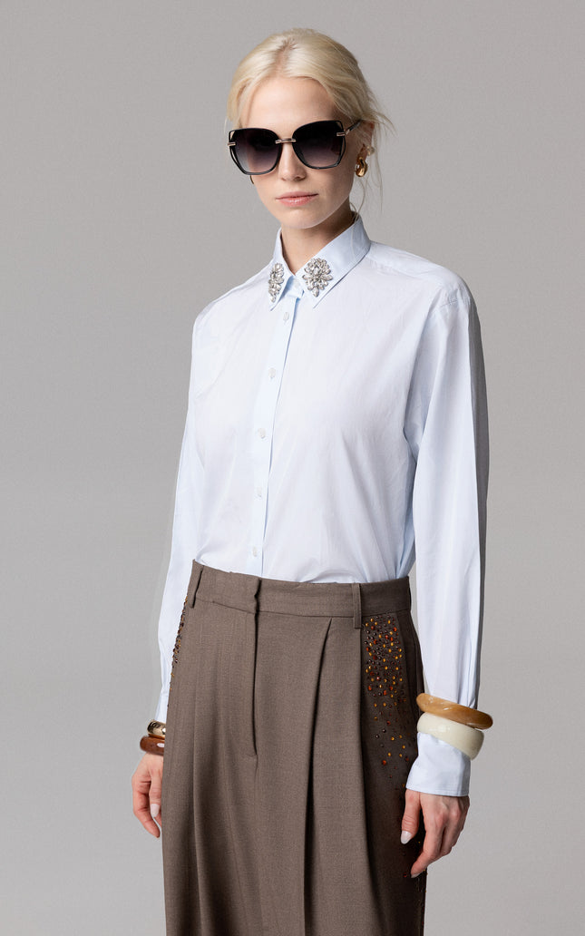 Camicia da donna in popeline di cotone con cristalli ricamati