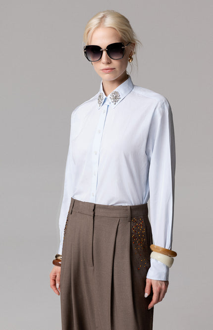 Camicia da donna in popeline di cotone con cristalli ricamati