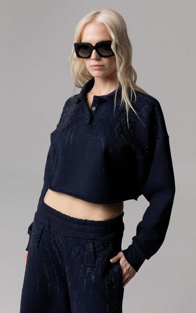 Felpa con colletto stile polo con strass da donna