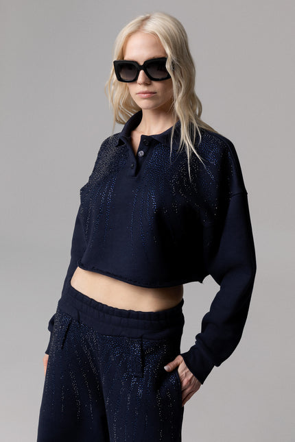 Felpa con colletto stile polo con strass da donna