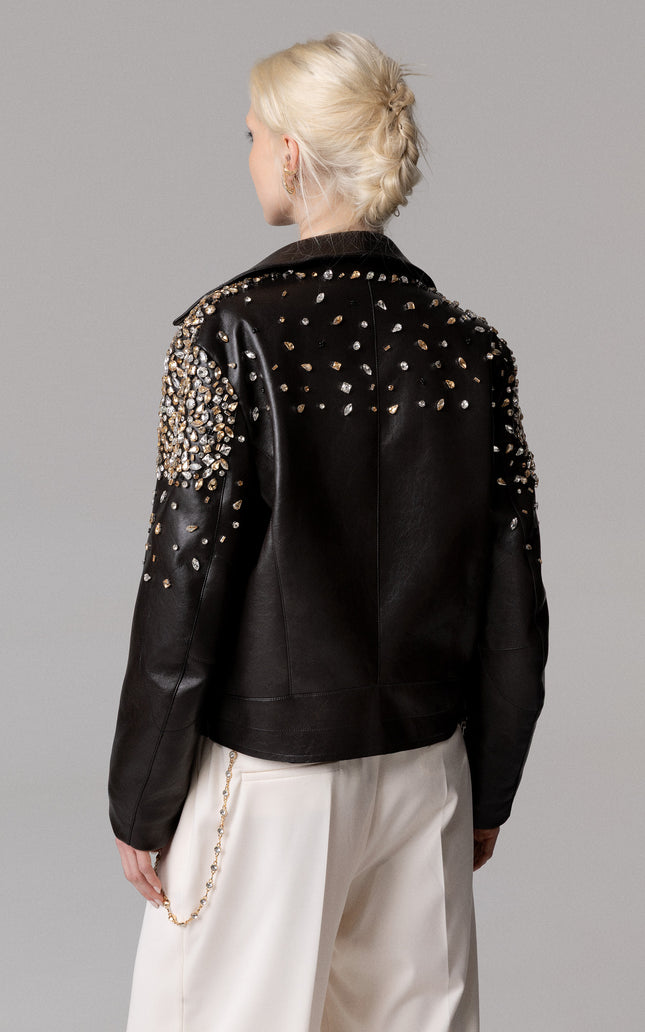 ALT Text: Applicazioni di pietre castonate e strass style GIUBBINO ECOPELLE PIETRE E STRASS for women