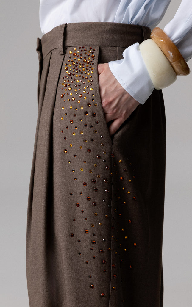 ALT Text: Dettaglio applicazione laterale di cristalli e tessuto misto lana style PANTALONE SARTORIALE CON PINCES CRISTALLI for women
