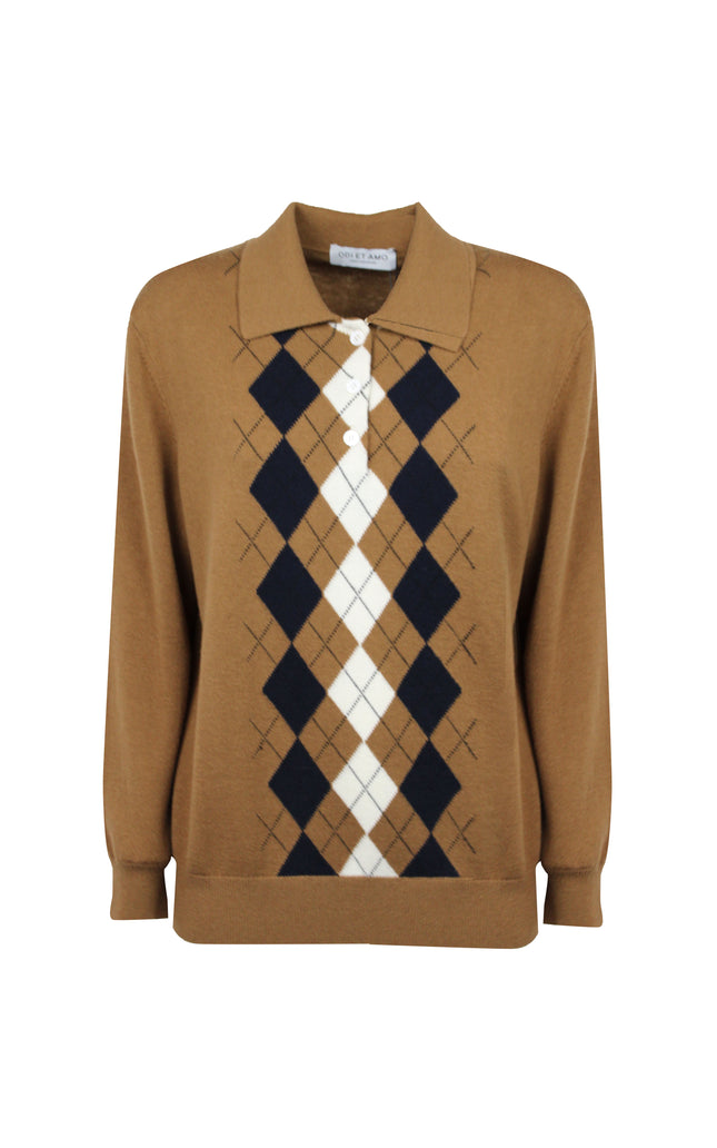 ALT Text: Dettaglio inserti rombi e 3 bottoni personalizzati style MAGLIA POLO CON INTARSIO ROMBI MULTICOLOR for women