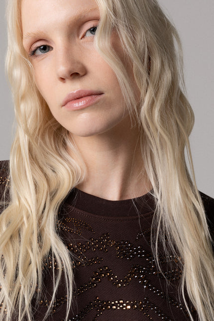 ALT Text: MARRONE FELPA OVERSIZE CON STRASS MOTIVO TIGRE for women