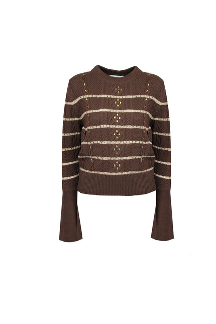 ALT Text: MARRONE MAGLIA CROPPED LAVORAZIONE TRECCIA CON CRISTALLI for women