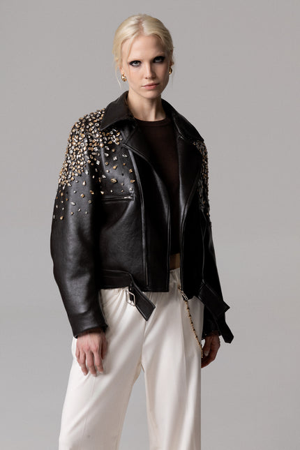ALT Text: NERO GIUBBINO ECOPELLE PIETRE E STRASS for women