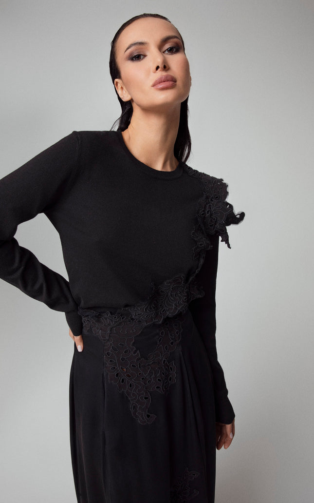 ALT Text: NERO GONNA MIDI TUBINO INSERTI IN PIZZO for women