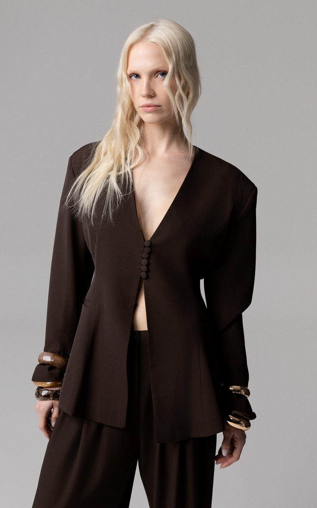ALT Text: Silhouette a clessidra e bottoni rivestiti style BLAZER GIADA A CLESSIDRA CON SCOLLO A V for women