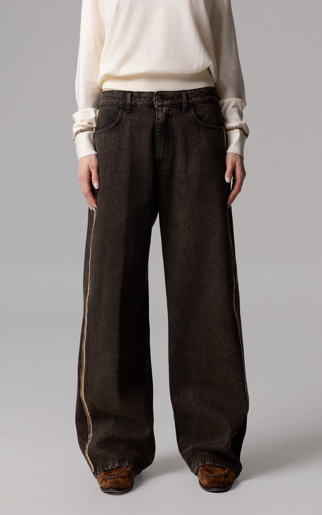 ALT Text: Strass tono su tono e lavaggio dal tono vintage style PANTAPALAZZO DENIM TINTO VINTAGE for women
