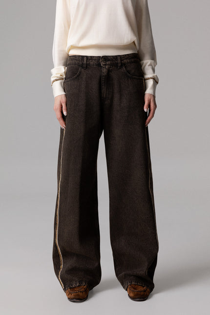 ALT Text: Strass tono su tono e lavaggio dal tono vintage style PANTAPALAZZO DENIM TINTO VINTAGE for women