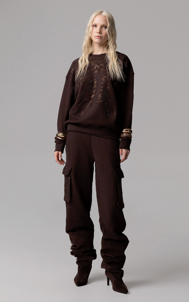 ALT Text: Trendy Italian PANTALONE CARGO CON STRASS MOTIVO TIGRE for glamour look