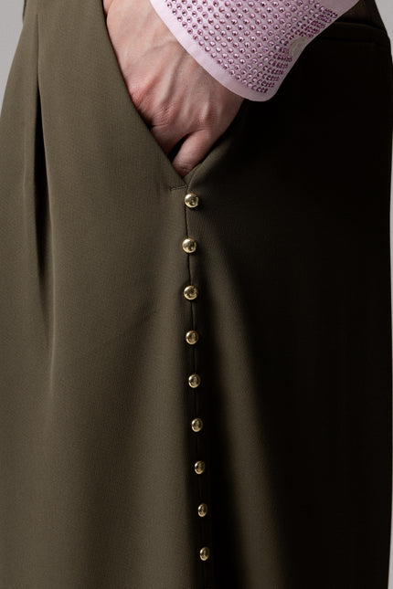 ALT Text: VERDE MILITARE PANTALONE PINCES WIDE LEG CON BORCHIE for women