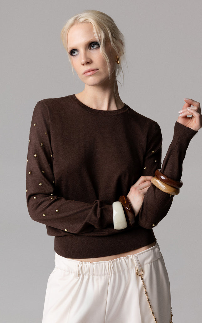ALT Text: Women's MAGLIA NORMAL FIT PARICOLLO BORCHIE SULLE MANICHE AEOD0058
