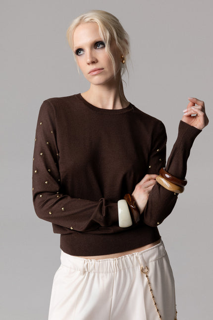 ALT Text: Women's MAGLIA NORMAL FIT PARICOLLO BORCHIE SULLE MANICHE AEOD0058