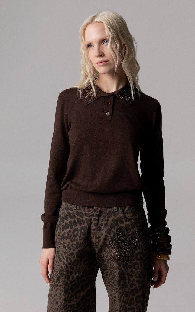 ALT Text: Women's MAGLIA STILE POLO CON COLLETTO STRASS AEOD0040