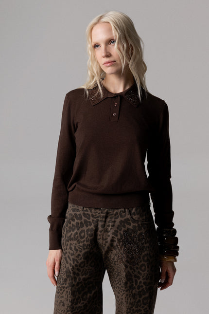 ALT Text: Women's MAGLIA STILE POLO CON COLLETTO STRASS AEOD0040