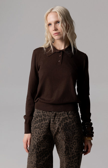 ALT Text: Women's MAGLIA STILE POLO CON COLLETTO STRASS AEOD0040