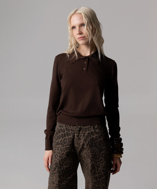 POLO SHIRT WITH RHINESTONE COLLAR