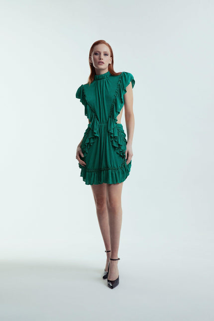 ABITO CORTO VERDE SCOLLATO SUL RETRO E DRAPPEGGIATO  CON SPALLINE E BOTTONI