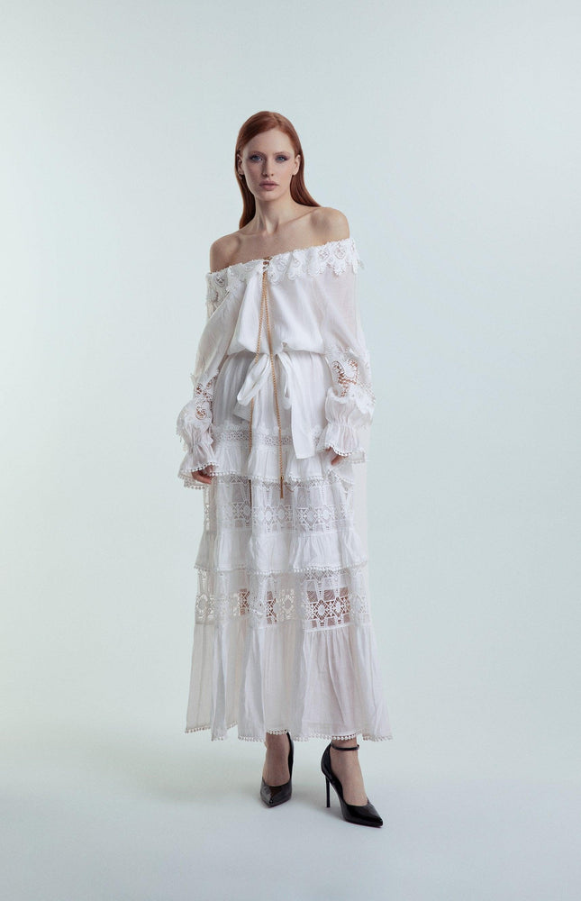 ABITO MIDI IN COTONE BIANCO CON SCOLLO BARDOT INSERTI IN PIZZO SEMITRASPARENTI