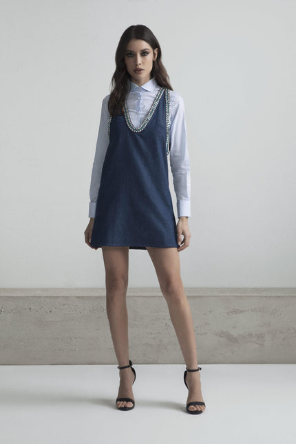 PRECIOUS DENIM DRESS/OVERALLS WITH MULTICOLOR CRYSTALS