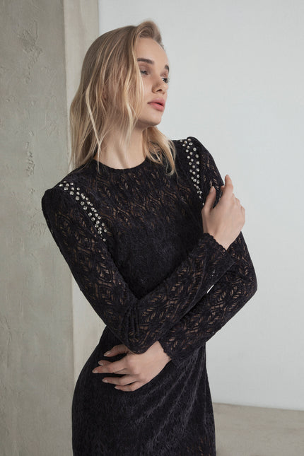 ABITO MIDI PIZZO IN VELLUTO NERO CON CRISTALLI