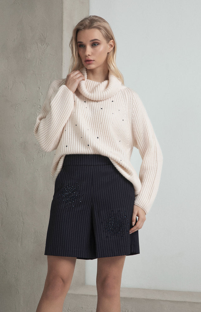 PINSTRIPE BERMUDA SHORTS WITH RHINESTONE APPLICATION