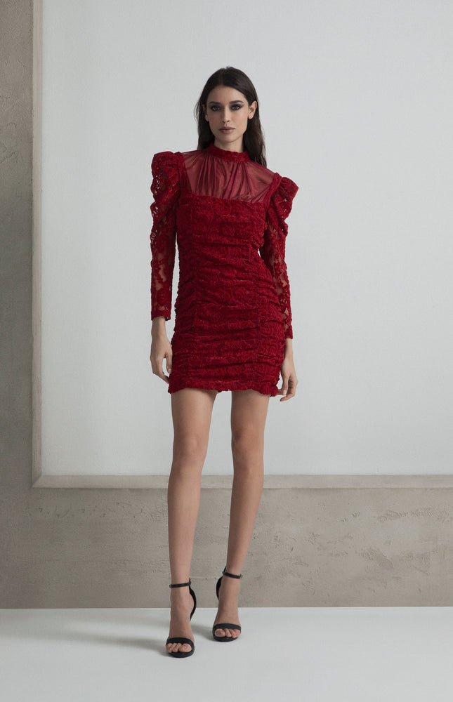 ABITO TUBINO IN PIZZO DI VELLUTO DRAPPEGGIATO CON TULLE